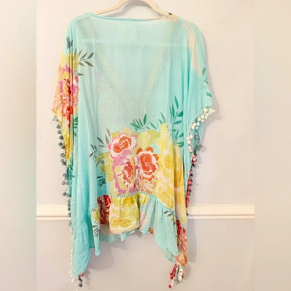 Anthropologie Top Z&L Made with With Love Boho Kaftan Aqua Floral Pom Pom Trim - Picture 5 of 7